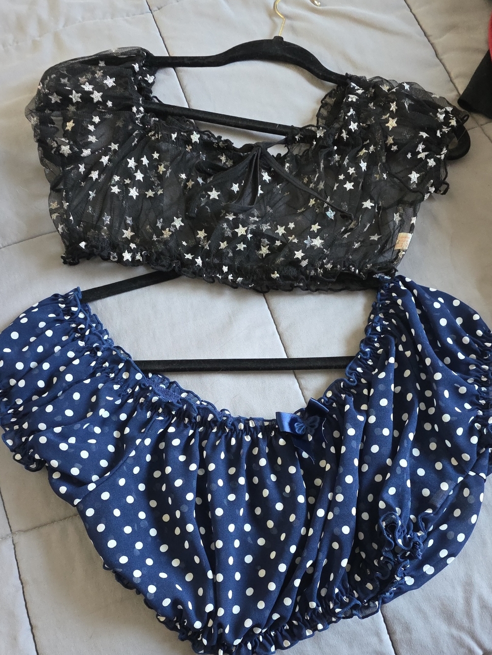 Navy Polka Dot Top - White Dot Print (2XL) And Black with Silver Stars Top